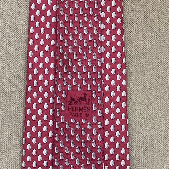 Hermes Other - 100% REAL Hermes Twillby Tie - Burgundy Red w Eggs & Fun Chickens on Farm XL